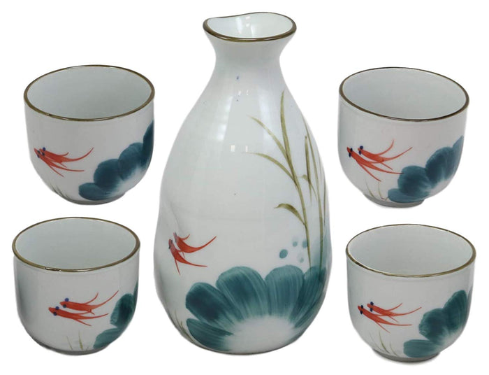 ebros gift Feng Shui 2 Swimming Koi Fishes In Zen Pond Porcelain Sake Flask And 4 Cups Set
