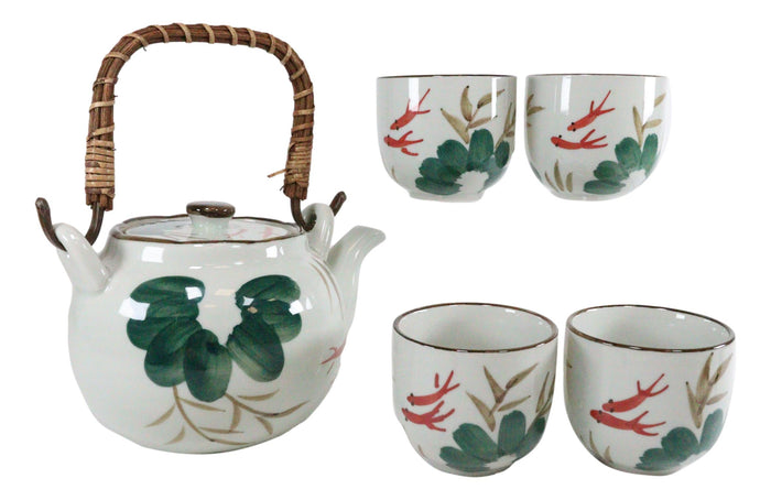 Ebros Gift Feng Shui Auspicious Koi Fish Pair In Lily Pond Ceramic Teapot & 4 Tea Cups Set