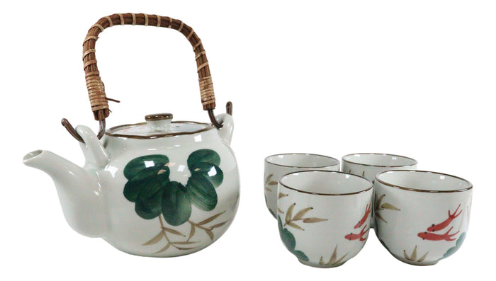 Ebros Gift Feng Shui Auspicious Koi Fish Pair In Lily Pond Ceramic Teapot & 4 Tea Cups Set