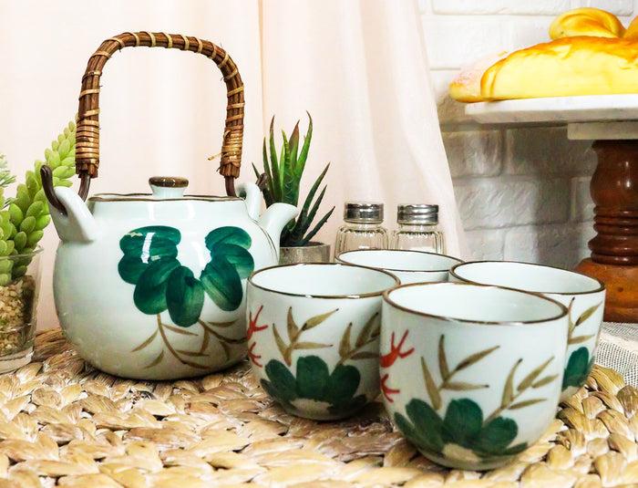 ebros gift Feng Shui Auspicious Koi Fish Pair In Lily Pond Ceramic Teapot & 4 Tea Cups Set