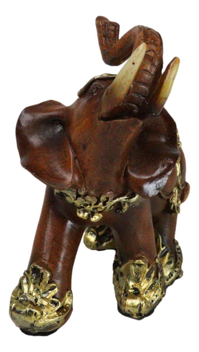 Ebros Gift Feng Shui Faux Wood Left Facing Trunk Up Elephant With Golden Tapestry Figurine