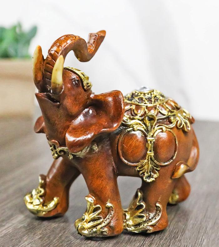 ebros gift Feng Shui Faux Wood Left Facing Trunk Up Elephant With Golden Tapestry Figurine