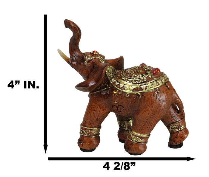 Ebros Gift Feng Shui Faux Wood Right Facing Trunk Up Elephant With Golden Tapestry Figurine