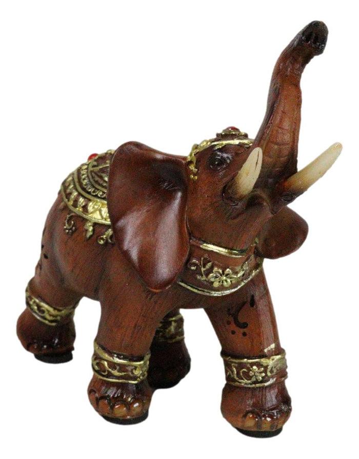 Ebros Gift Feng Shui Faux Wood Right Facing Trunk Up Elephant With Golden Tapestry Figurine