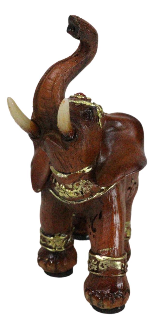 Ebros Gift Feng Shui Faux Wood Right Facing Trunk Up Elephant With Golden Tapestry Figurine