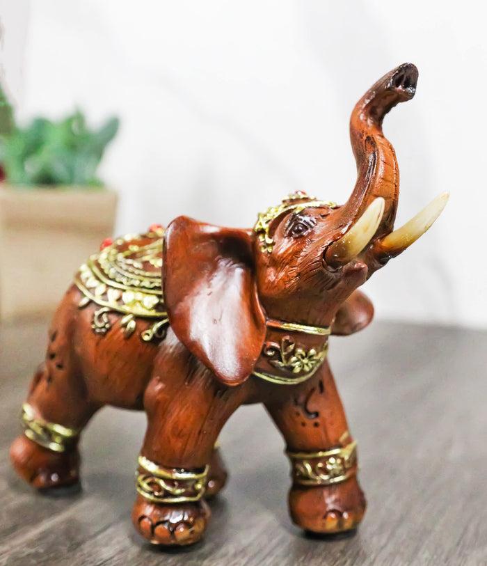 ebros gift Feng Shui Faux Wood Right Facing Trunk Up Elephant With Golden Tapestry Figurine