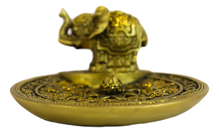 Ebros Gift Feng Shui Golden Elephant With Trunk Up Lotus Padma Incense Burner Dish Figurine