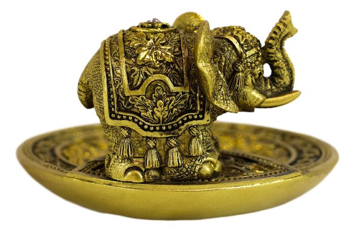 Ebros Gift Feng Shui Golden Elephant With Trunk Up Lotus Padma Incense Burner Dish Figurine