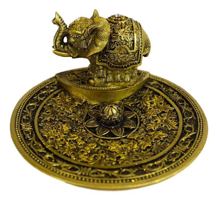 Ebros Gift Feng Shui Golden Elephant With Trunk Up Lotus Padma Incense Burner Dish Figurine