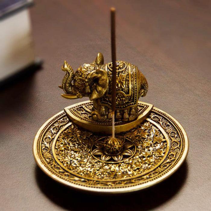 ebros gift Feng Shui Golden Elephant With Trunk Up Lotus Padma Incense Burner Dish Figurine