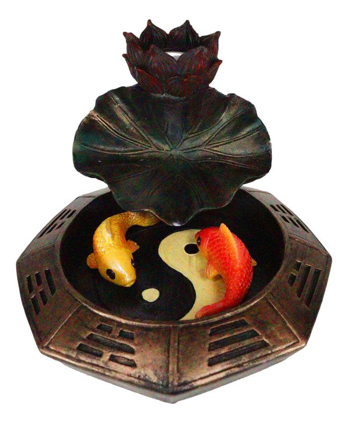 Ebros Gift Feng Shui Padma Lotus Basin Yin Yang Koi Fishes Backflow Incense Cone Burner