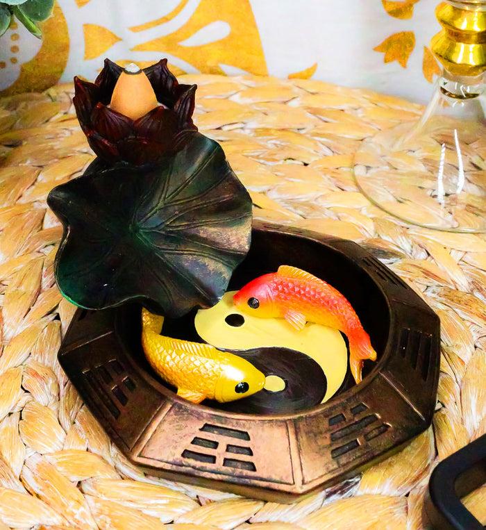 ebros gift Feng Shui Padma Lotus Basin Yin Yang Koi Fishes Backflow Incense Cone Burner