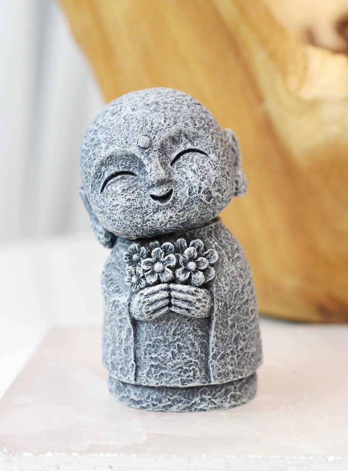 Ebros Gift Feng Shui Zen Blissful Japanese Jizo Monk Holding Flowers Mini Figurine 3"Tall