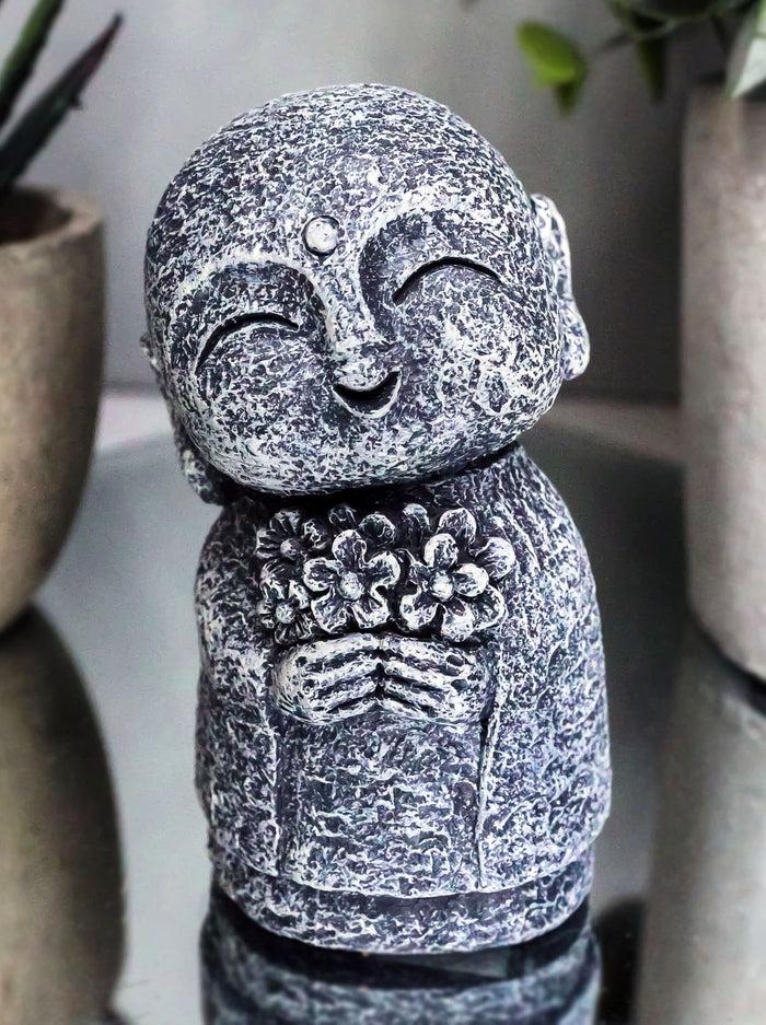 ebros gift Feng Shui Zen Blissful Japanese Jizo Monk Holding Flowers Mini Figurine 3"Tall
