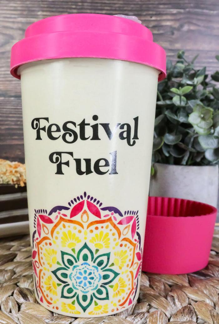 ebros gift Festival Fuel Mandala Bamboo Fiber Reusable Travel Mug Cup W/ Lid And Sleeve