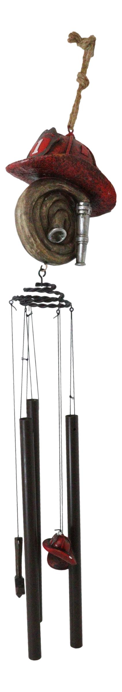 Ebros Gift Fire Fighter Axe Fireman Station Number 1 Hat With Coiled Water Hose Wind Chime