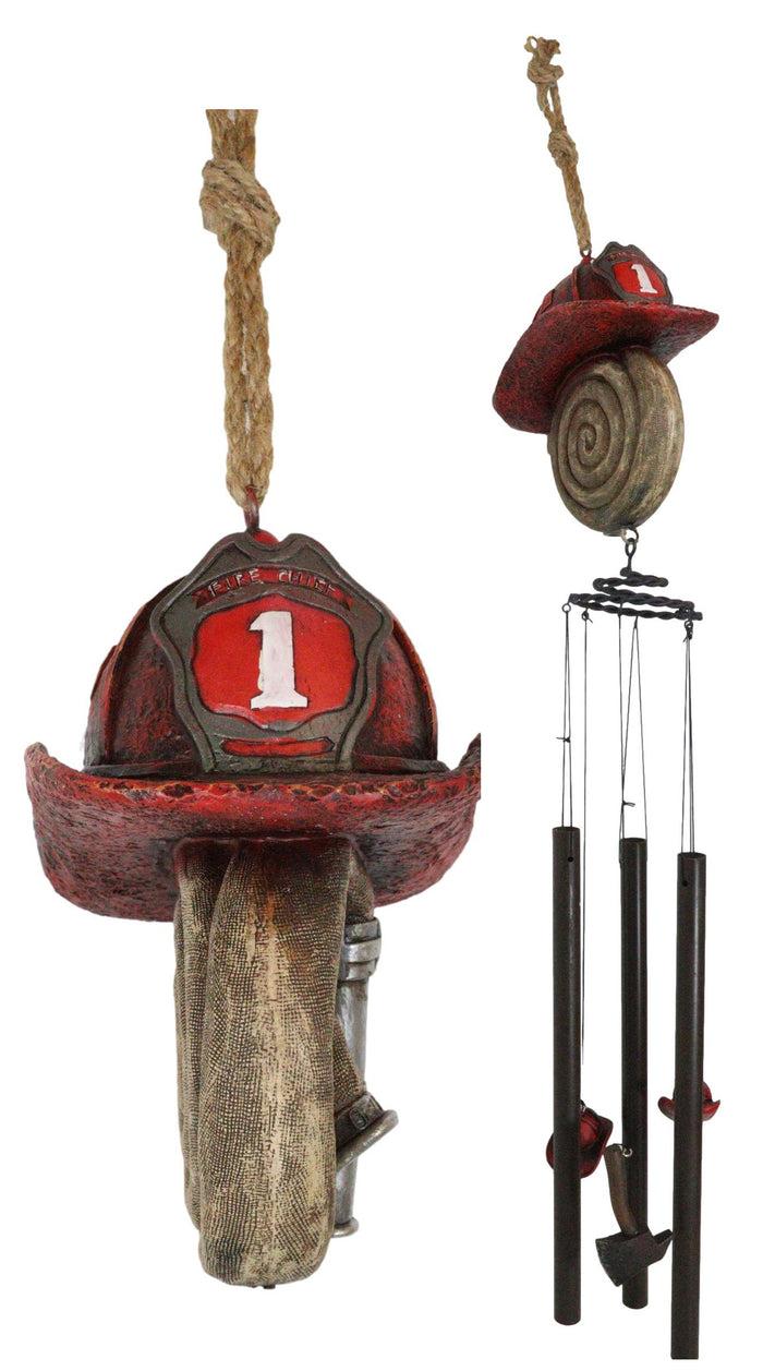 ebros gift Fire Fighter Axe Fireman Station Number 1 Hat with Coiled Water Hose Wind Chime