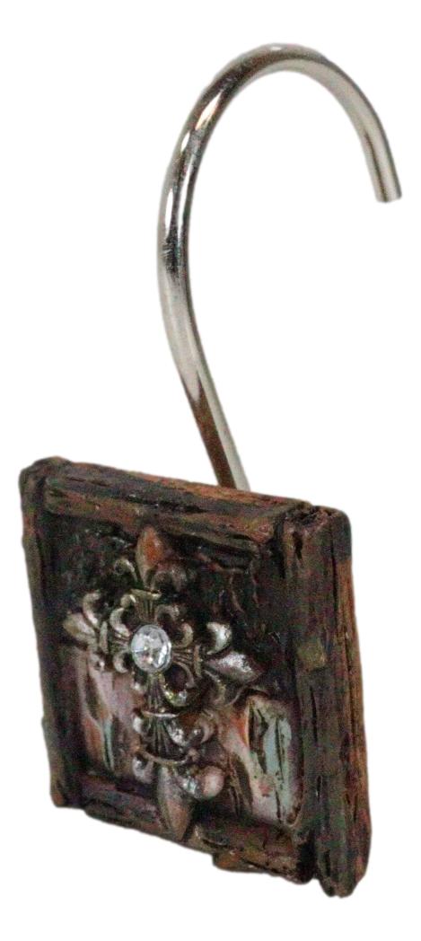 Ebros Gift Fleur De Lis Cross On Faux Distressed Wood Bathroom Shower Curtain Hooks 12pk