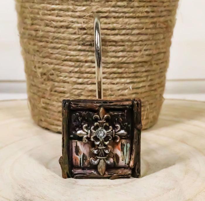 ebros gift Fleur De Lis Cross On Faux Distressed Wood Bathroom Shower Curtain Hooks 12pk