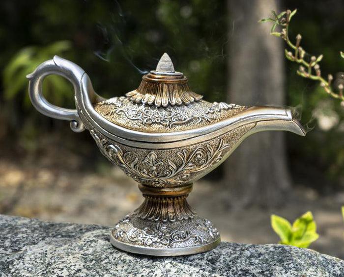 ebros gift Floral Ornate Aladdin Genie Magical Lamp Backflow Incense Cone Burner Figurine
