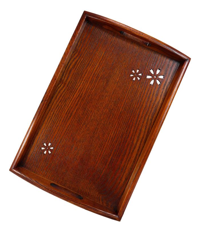 Ebros Gift Floral Pattern Sturdy Solid Wood Food Tea Butler Tray Platter With Handles 16"X11"