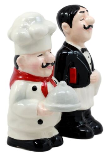 Ebros Gift Food Service Head Chef & Waiter Salt & Pepper Shakers Ceramic Magnetic Figurines