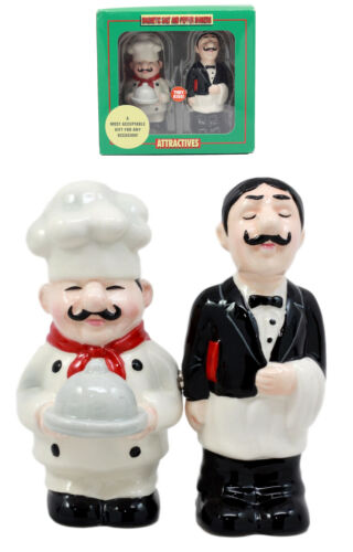 Ebros Gift Food Service Head Chef & Waiter Salt & Pepper Shakers Ceramic Magnetic Figurines