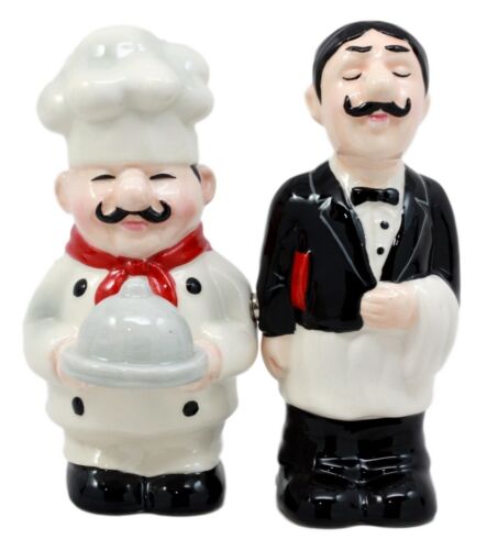 Ebros Gift Food Service Head Chef & Waiter Salt & Pepper Shakers Ceramic Magnetic Figurines