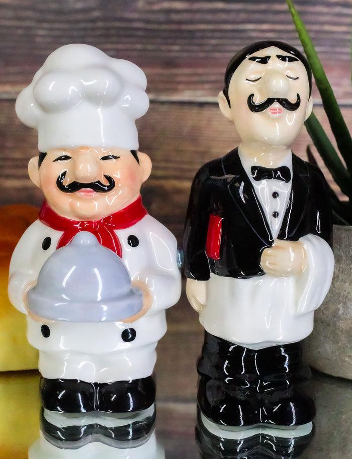 ebros gift Food Service Head Chef & Waiter Salt & Pepper Shakers Ceramic Magnetic Figurines