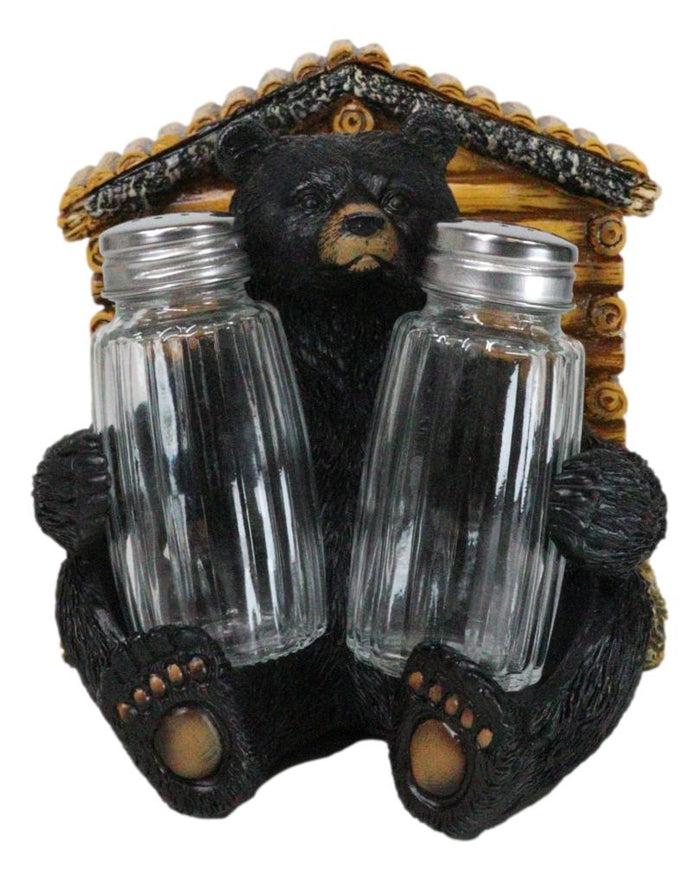Ebros Gift Forest Black Bear By Wooden Lodge Napkin And Glass Salt Pepper Shakers Holder