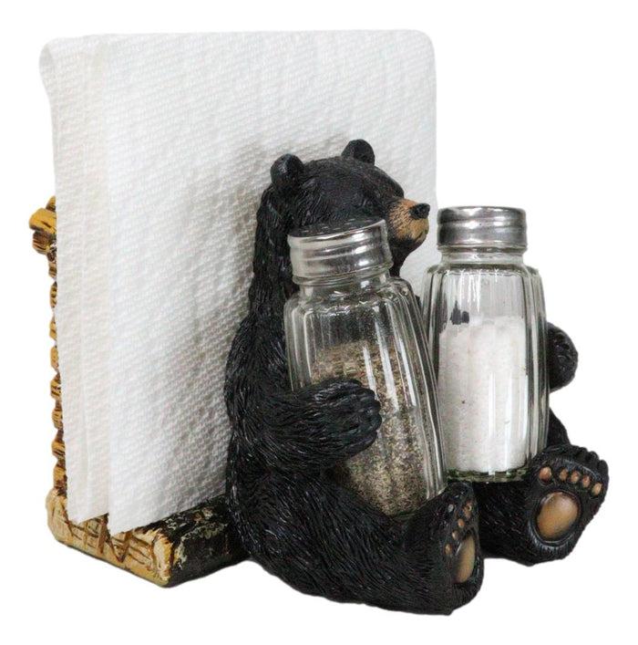 Ebros Gift Forest Black Bear By Wooden Lodge Napkin And Glass Salt Pepper Shakers Holder