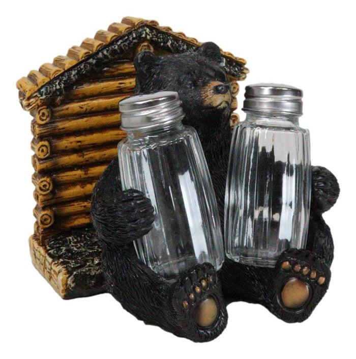 ebros gift Forest Black Bear By Wooden Lodge Napkin And Glass Salt Pepper Shakers Holder