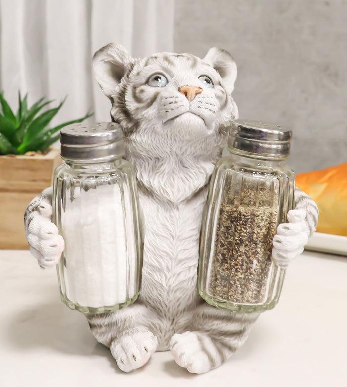 ebros gift Forest Jungle White Bengal Tiger Cub Hugging Salt And Pepper Shakers Holder Set