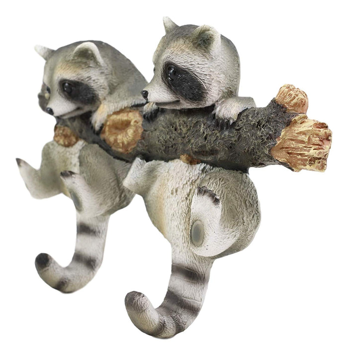 Ebros Gift Forest Rustic 2 Playful Raccoons Dangling On Tree Branch 6 Pegs Wall Hook Decor