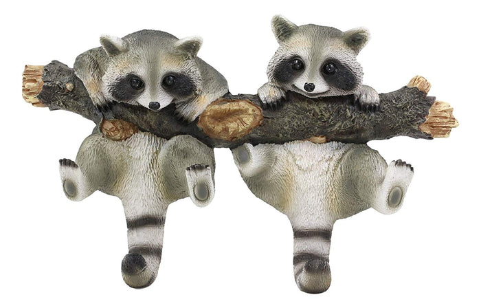 Ebros Gift Forest Rustic 2 Playful Raccoons Dangling On Tree Branch 6 Pegs Wall Hook Decor