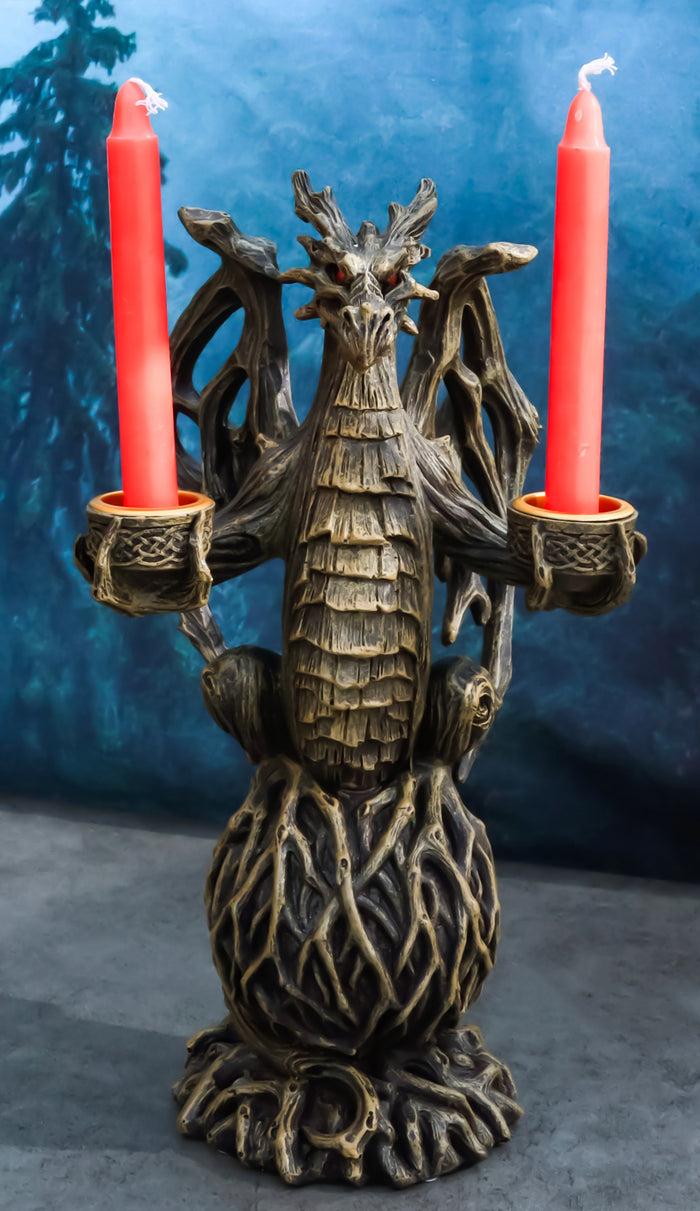 ebros gift Forest Tree Ent Greenman Dendritic Dragon On Globe Double Candleholder Figurine