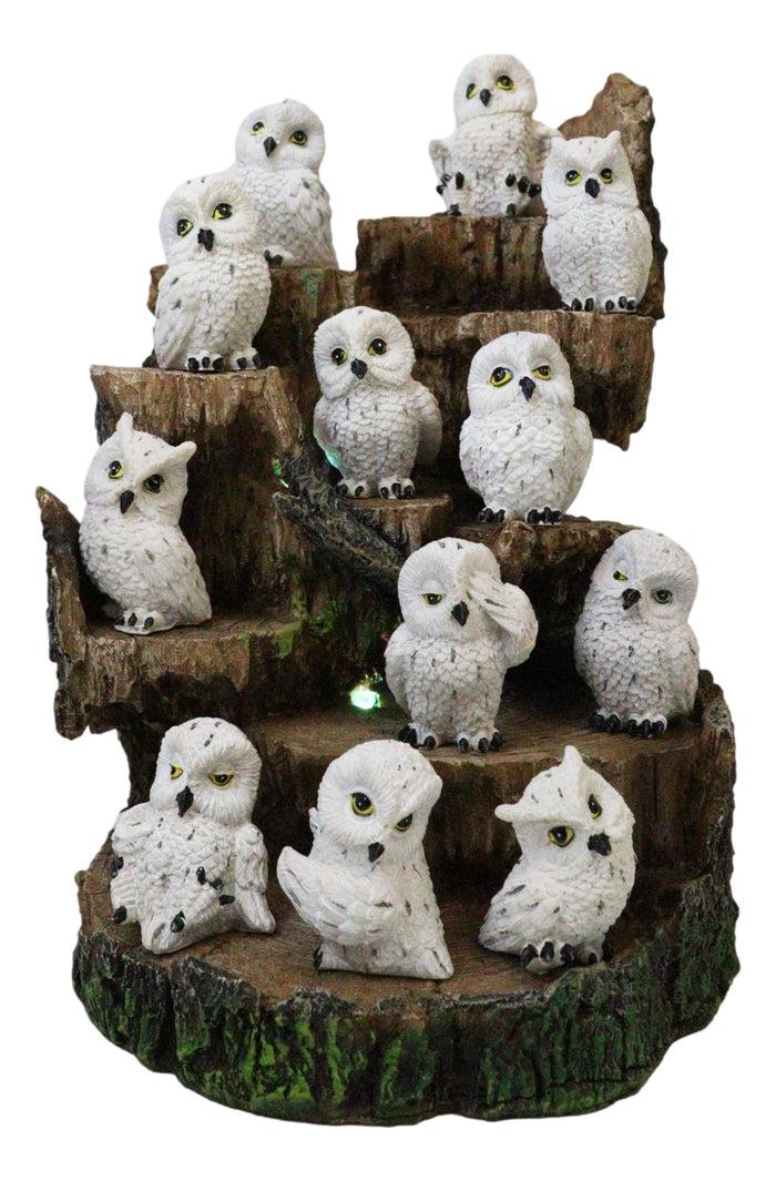Ebros Gift Forest Tree Steppes LED Display Stand With 12 Mini Snow White Owls Figurines Set