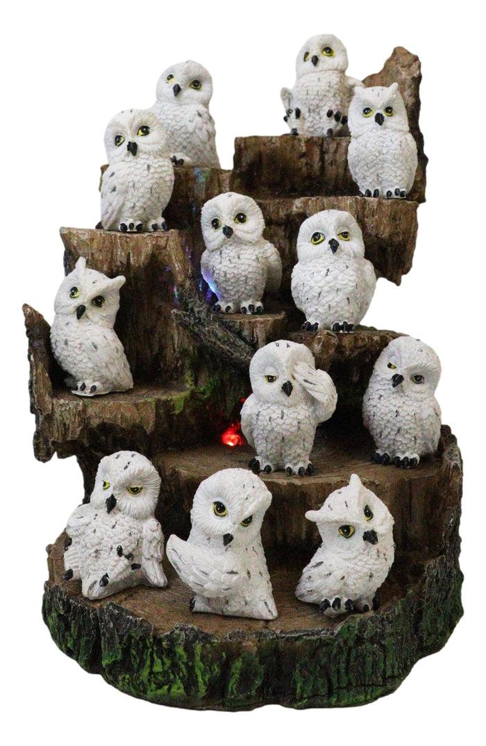 Ebros Gift Forest Tree Steppes LED Display Stand With 12 Mini Snow White Owls Figurines Set