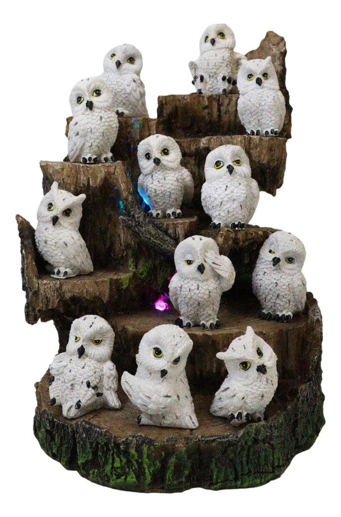 Ebros Gift Forest Tree Steppes LED Display Stand With 12 Mini Snow White Owls Figurines Set