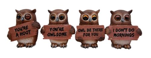 Ebros Gift Forest Wisdom Great Horned Owl Holding Signs Figurine Set 3.5"H Four Funny Owls