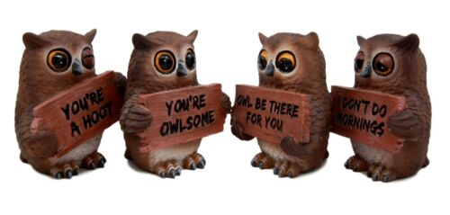 Ebros Gift Forest Wisdom Great Horned Owl Holding Signs Figurine Set 3.5"H Four Funny Owls