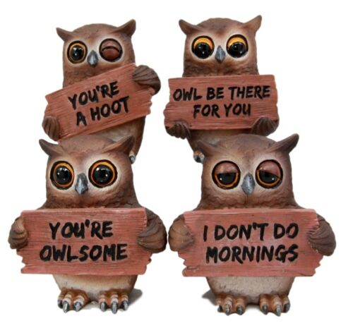 ebros gift Forest Wisdom Great Horned Owl Holding Signs Figurine Set 3.5"H Four Funny Owls