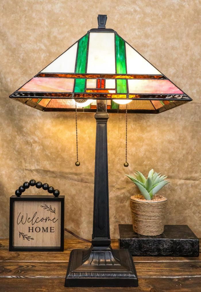 ebros gift Frank Lloyd Wright Mission Style Geometry Pyramid Stained Glass Side Table Lamp