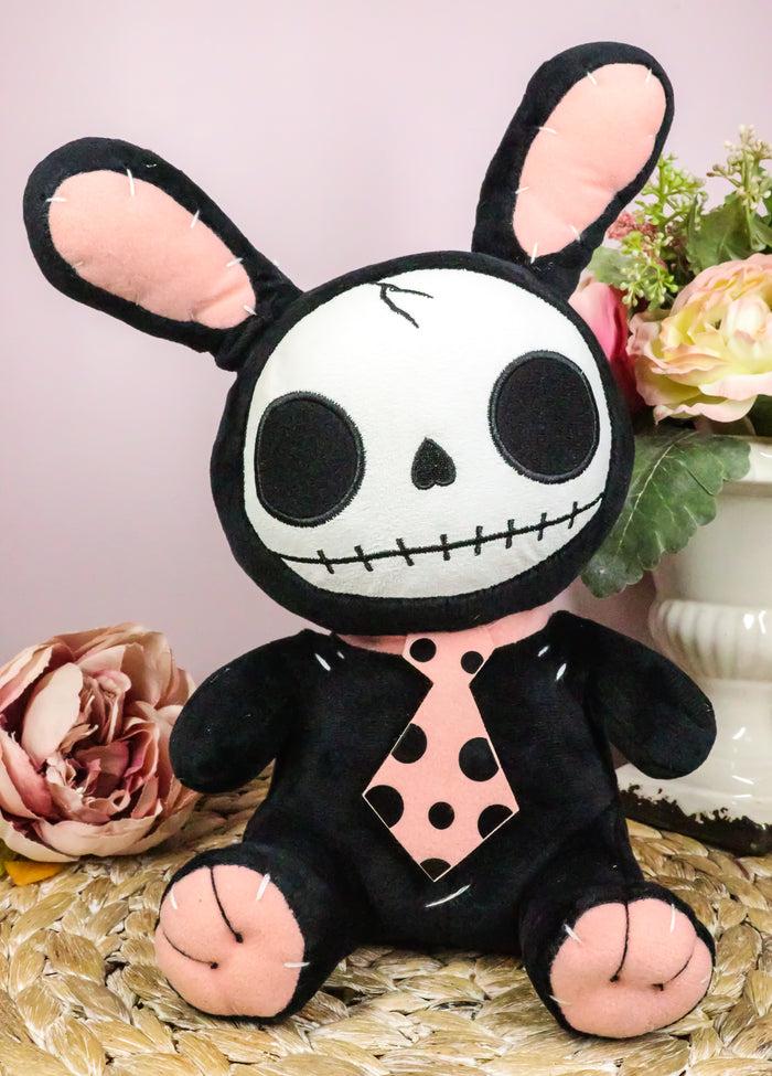 ebros gift Furry Bones Skeleton Black Tuxedo Bunny With Pink Polka-dot Tie Plush Toy Doll