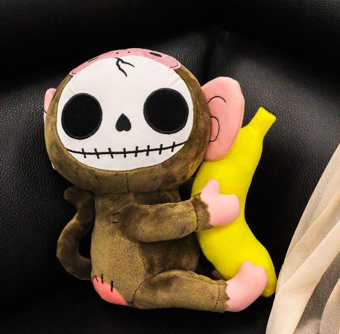 ebros gift Furry Bones Skeleton Pink And Brown Baby Monkey Banana Plush Toy Doll 10" Tall