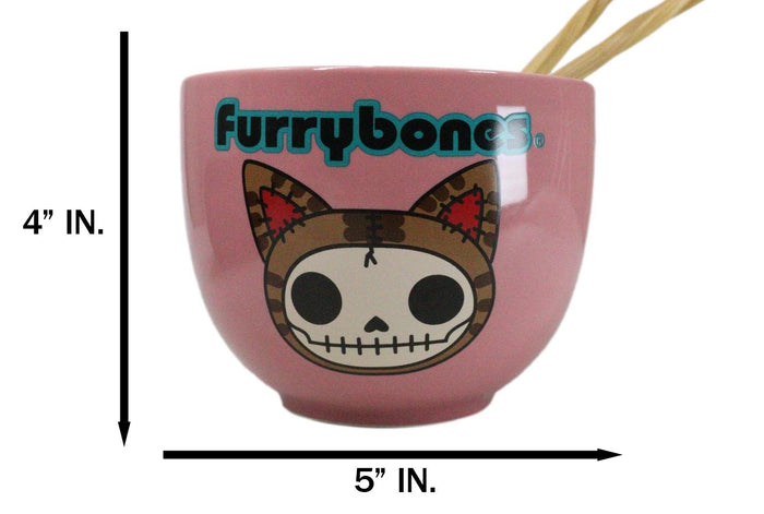Ebros Gift Furrybones Maneki Neko Cat Skeleton Pink Porcelain Bowl With Chopsticks Set