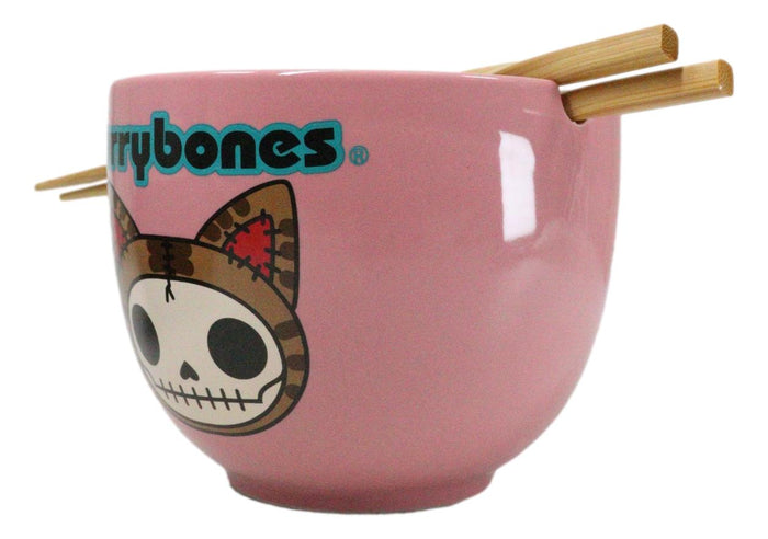 Ebros Gift Furrybones Maneki Neko Cat Skeleton Pink Porcelain Bowl With Chopsticks Set