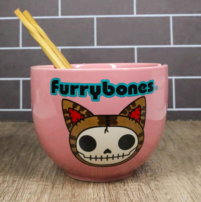 ebros gift Furrybones Maneki Neko Cat Skeleton Pink Porcelain Bowl With Chopsticks Set