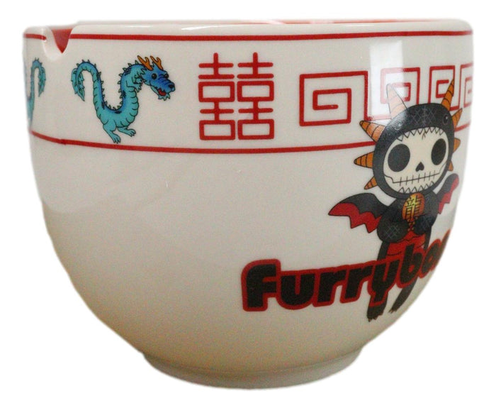 Ebros Gift Furrybones Scorchie Dragon Skeleton White Porcelain Bowl With Chopsticks Set