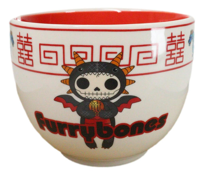 Ebros Gift Furrybones Scorchie Dragon Skeleton White Porcelain Bowl With Chopsticks Set